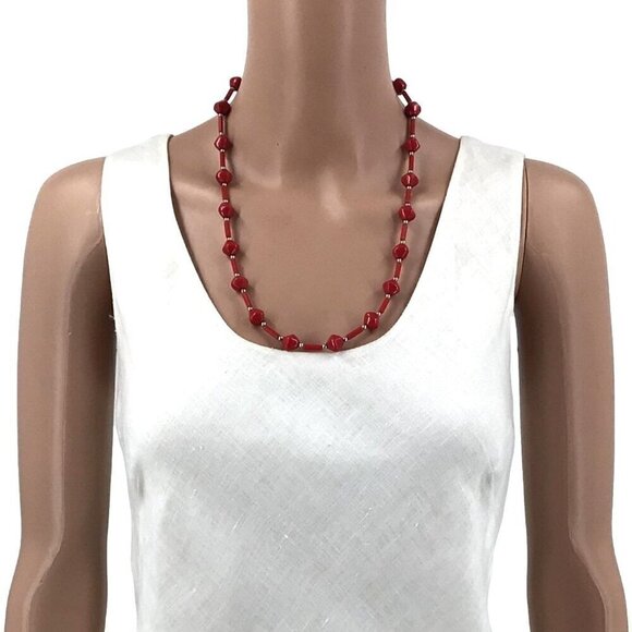 Vintage Handmade Necklace Red Silver Tone Spacers 24 Inch Length - Picture 2 of 3